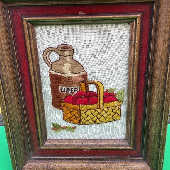 Crewel art frame needlework kitchen coffee grannycore  fall kitsch 70s vtg - Picture 2 of 12